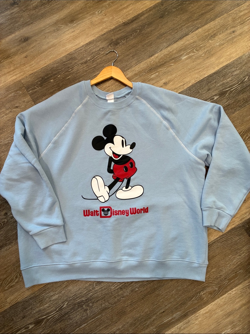 Disney Light Blue Mickey Mouse Crewneck Sweatshirt with Red Accents